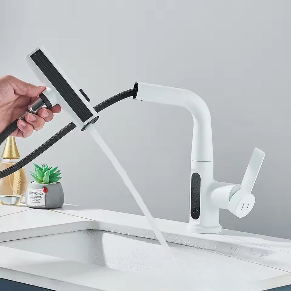 Nytheria - Waterfall Bathroom Faucet with Digital Temperature Display and Pull-Out Spout