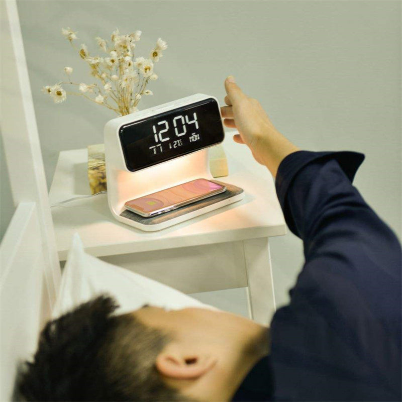 Isylenor - 3-In-1 Bedside Lamp with Wireless Charger, LCD Alarm Clock, and Dimmable LED