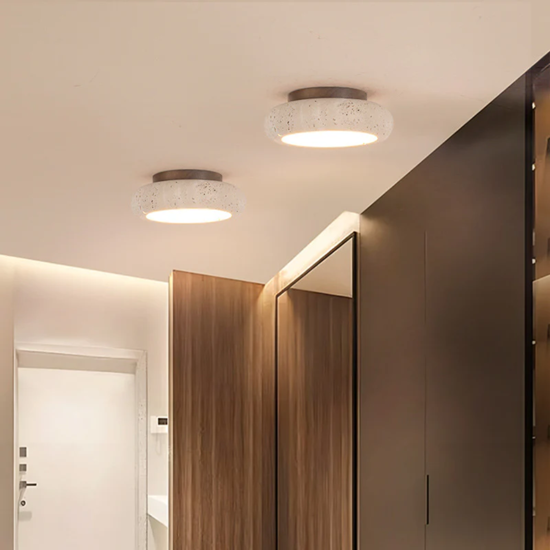 Rava - Retro Travertine Ceiling Lamp with Wood Accent