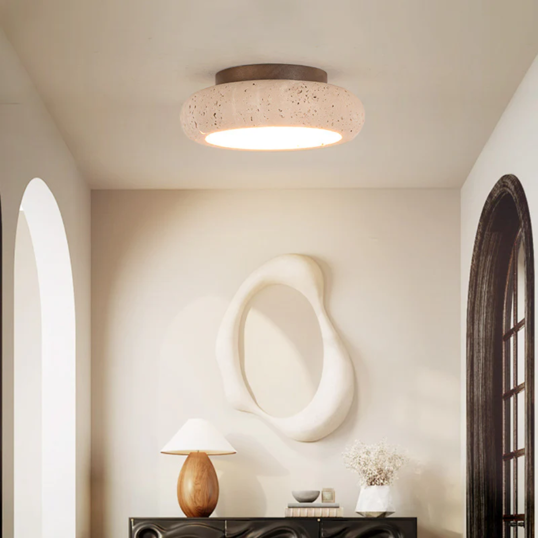 Rava - Retro Travertine Ceiling Lamp with Wood Accent