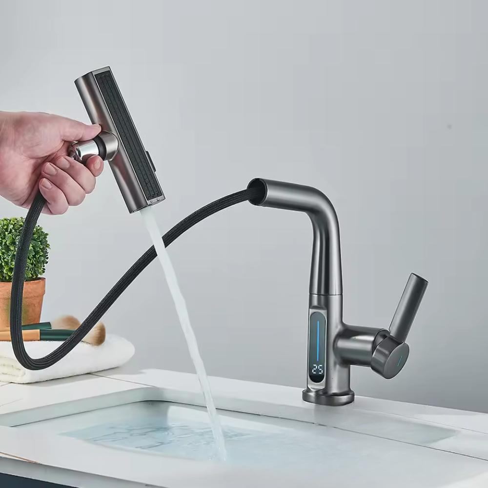 Nytheria - Waterfall Bathroom Faucet with Digital Temperature Display and Pull-Out Spout