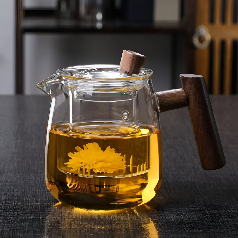 Rovienne – Smoky Grey Glass Teapot 600ml with Wooden Handle