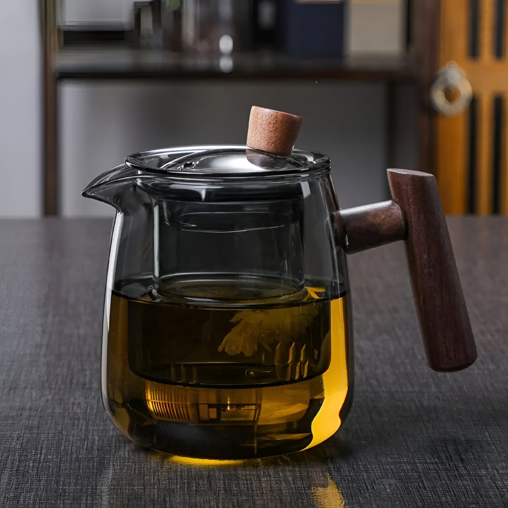 Rovienne – Smoky Grey Glass Teapot 600ml with Wooden Handle
