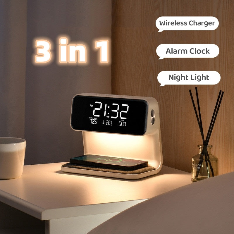 Isylenor - 3-In-1 Bedside Lamp with Wireless Charger, LCD Alarm Clock, and Dimmable LED