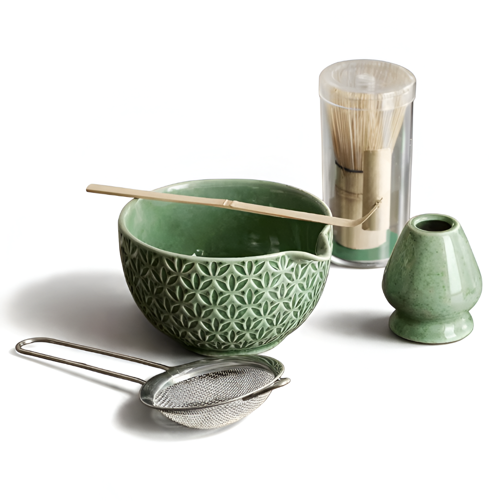 Kazumiya – Green Ceramic Matcha Tea Set 5 6-Piece with Bamboo Accessories