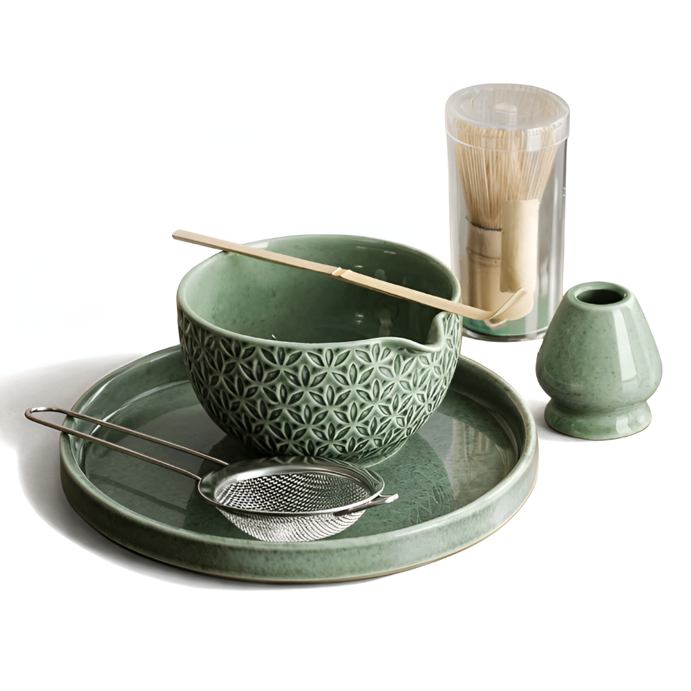 Kazumiya – Green Ceramic Matcha Tea Set 5 6-Piece with Bamboo Accessories