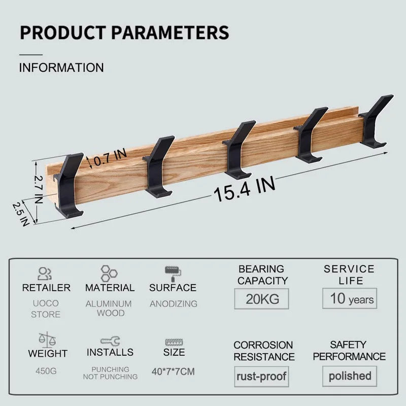Selvioris - Wall Coat Rack with Double Hooks made of Nordic Rubberwood and Aluminium