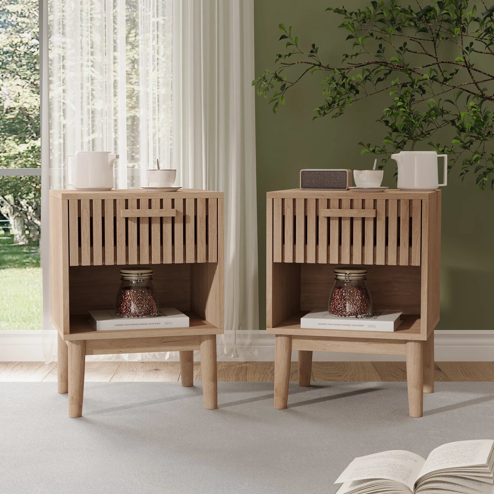 Virelio – Set of 2 Nightstands with Drawer and Open Storage