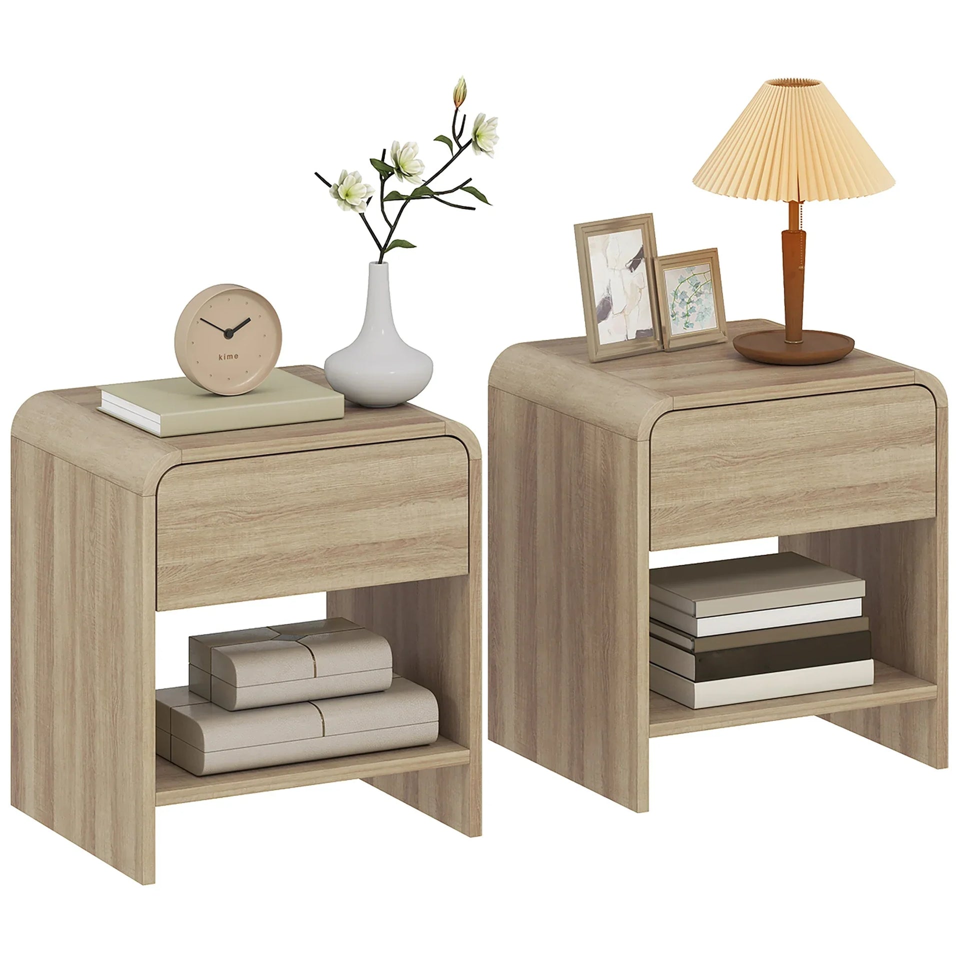 Linvara – Set of 2 Scandinavian Nightstands with Drawer and Open Shelf
