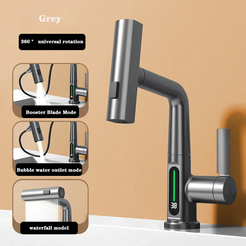 Aesthena – Pull Out Waterfall Faucet with Temperature Display Stainless Steel