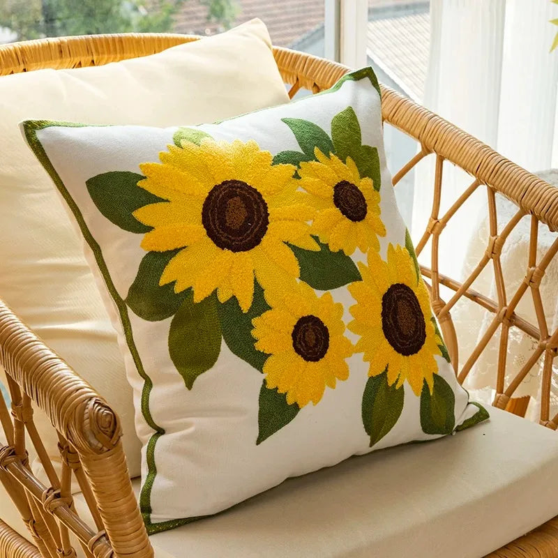 Caelirae - Cotton Embroidered Decorative Cushion 45x45 cm with Sunflower Motif