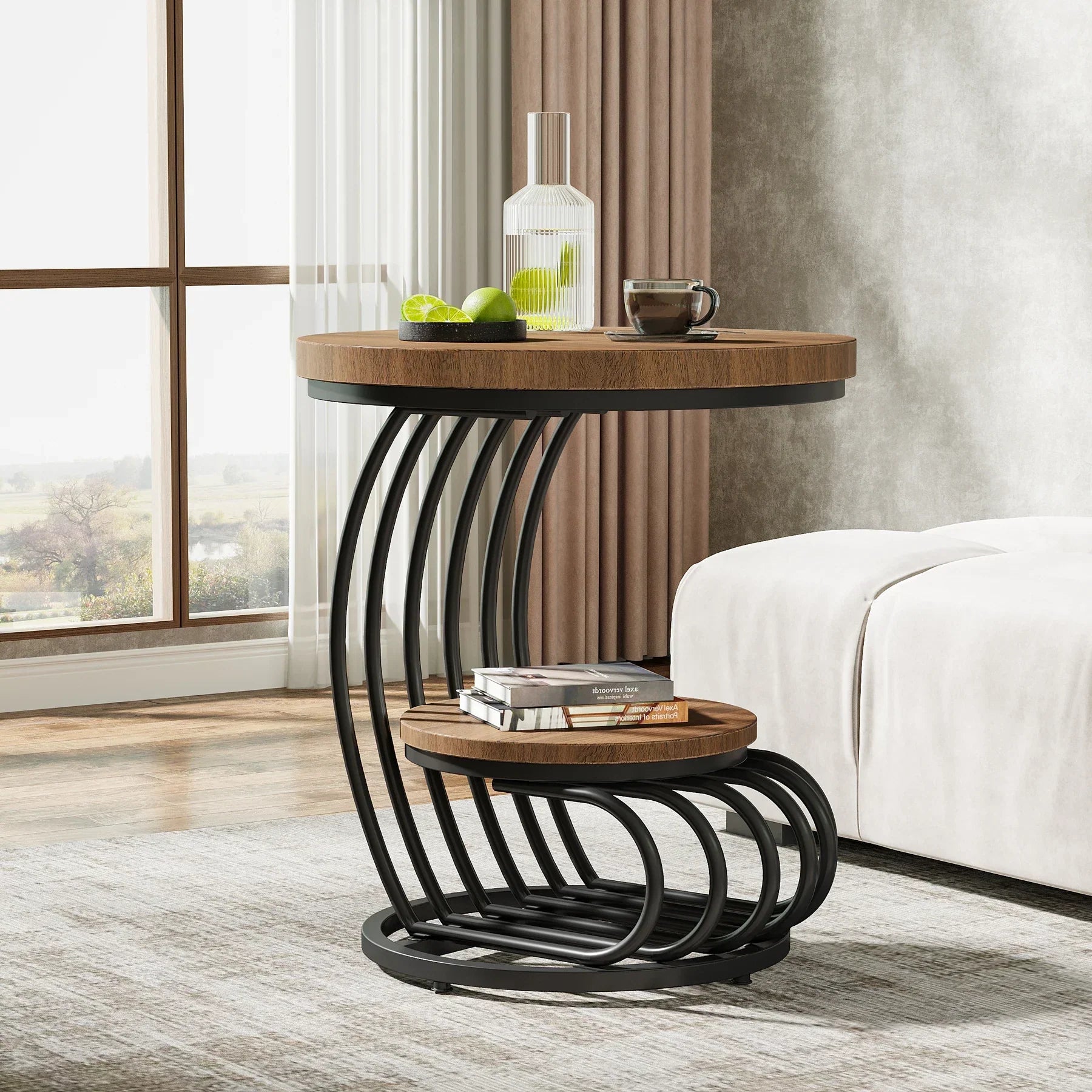Orvianis – Round Side Table 2 Tier Marble Look with Storage Shelf