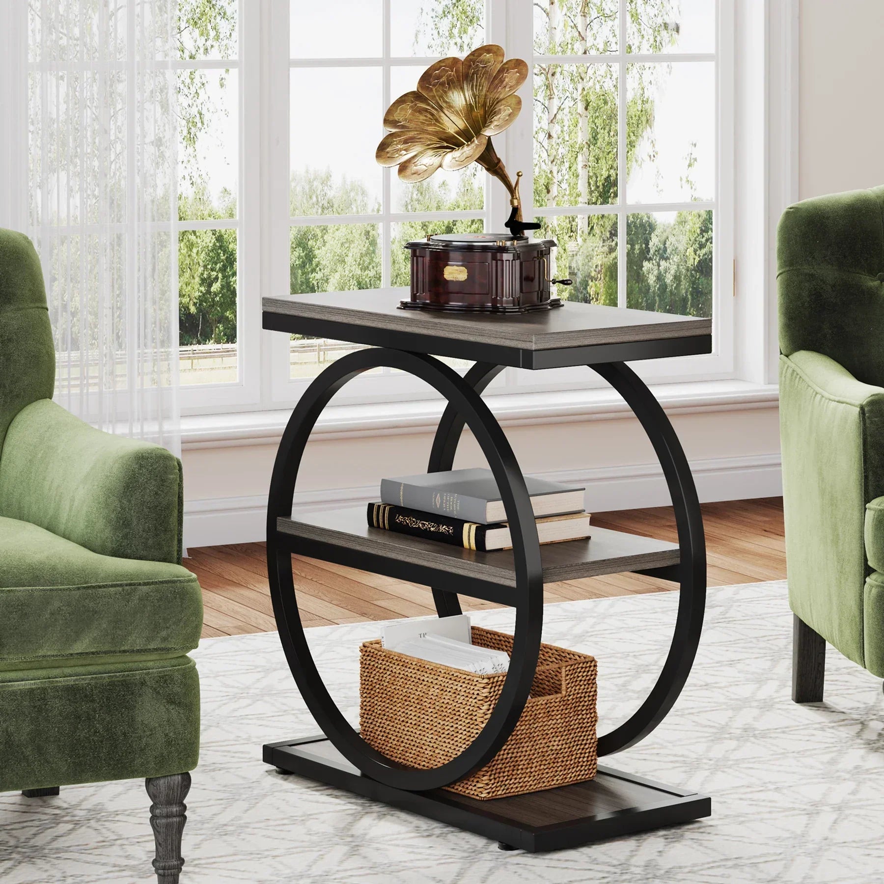 Isyvelra – Industrial Narrow Wooden Side Table with 3 Storage Shelves