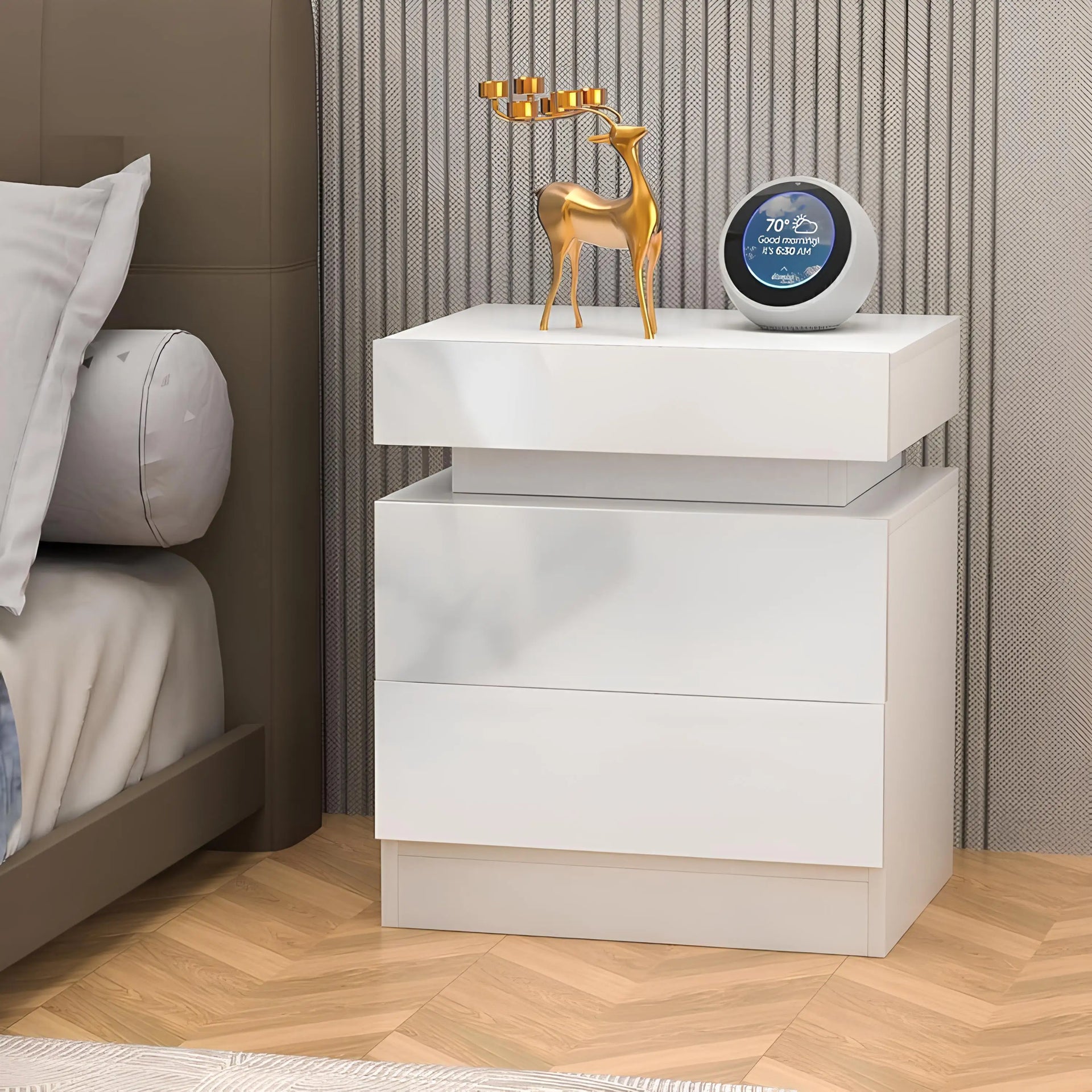 Lumora – White Nightstand 2 Drawer High Gloss RGB LED Lighting