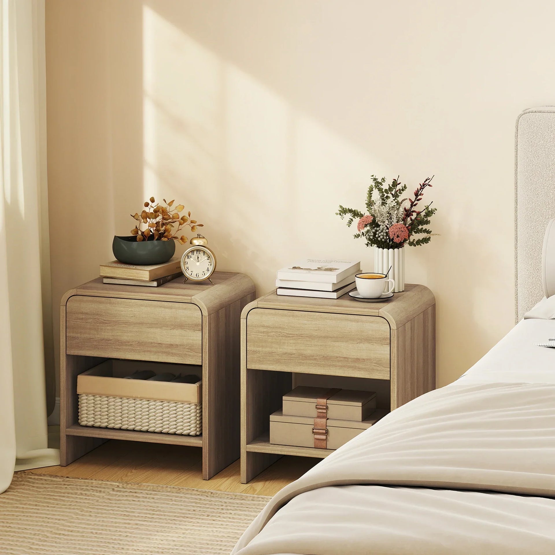 Linvara – Set of 2 Scandinavian Nightstands with Drawer and Open Shelf