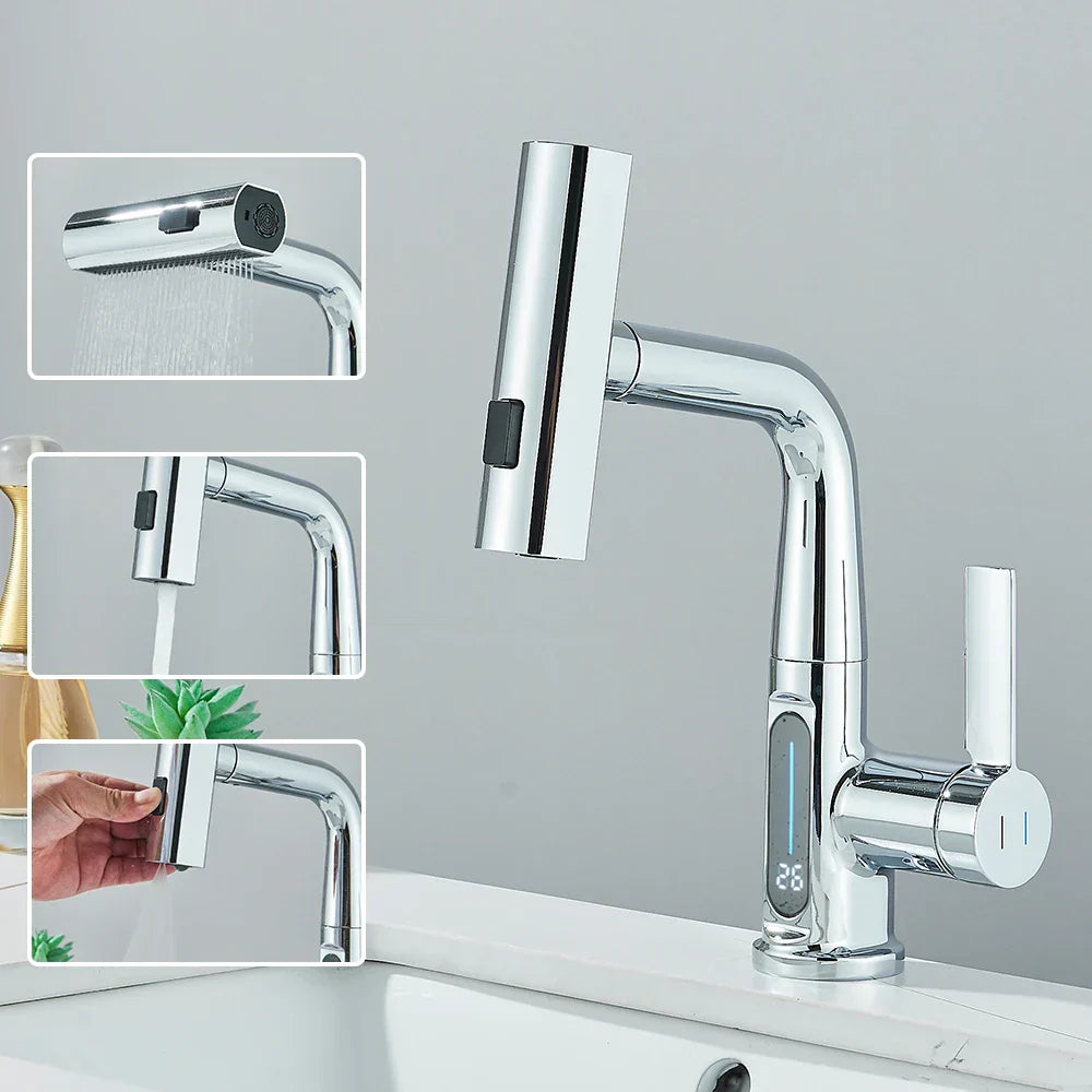 Thalenya - Waterfall Washbasin Faucet with Temperature Display and Up and Down Movable Sprayer