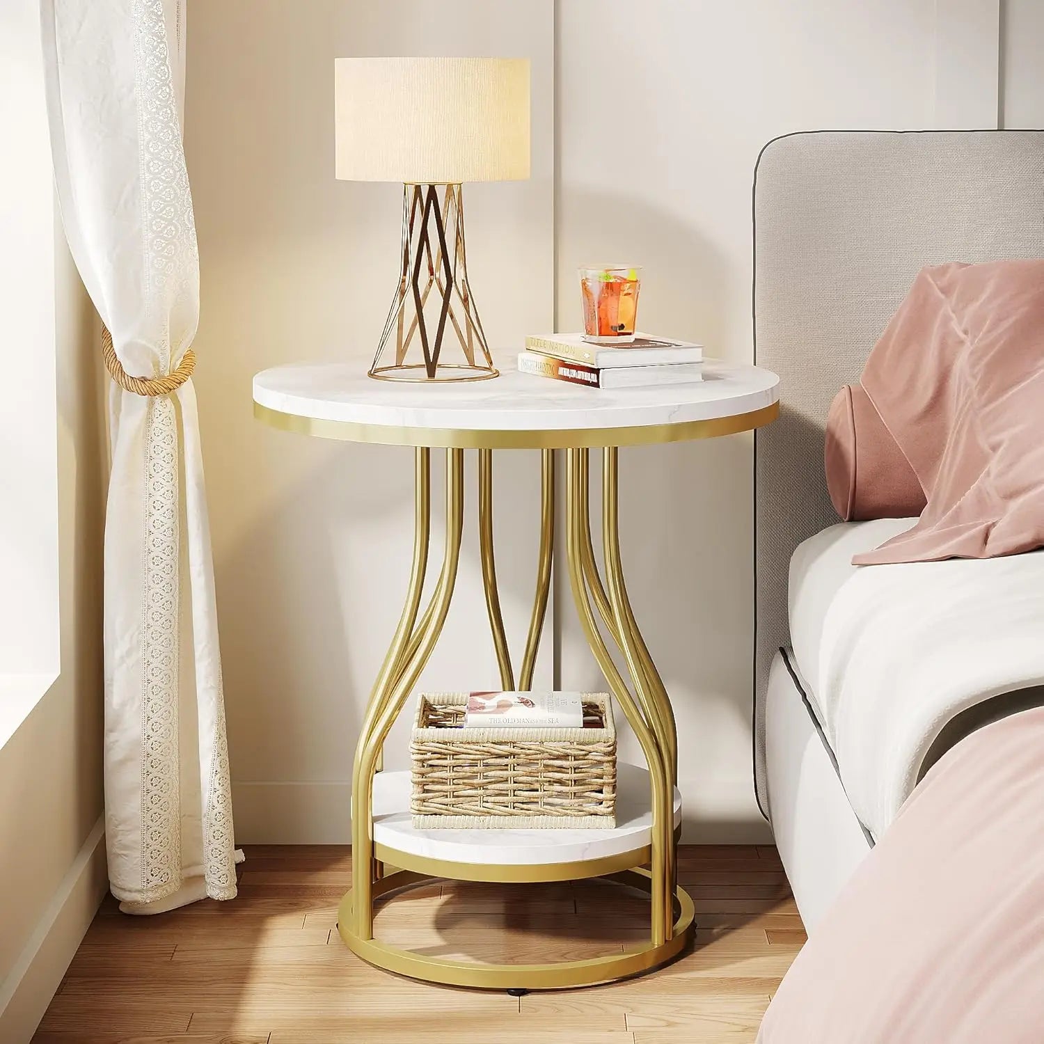 Isavelle - Round Two-Tier Side Table with Metal Frame and Convenient Storage