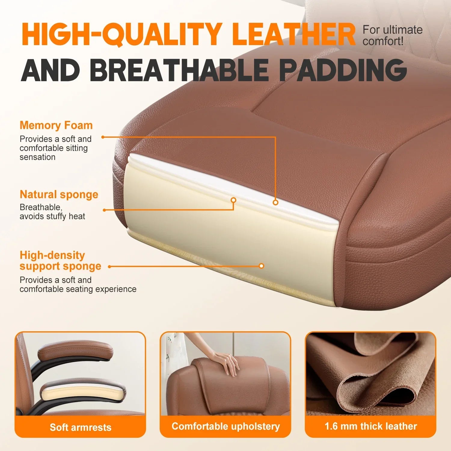 Edmaren – Leather Office Chair with Headrest and Breathable Backrest