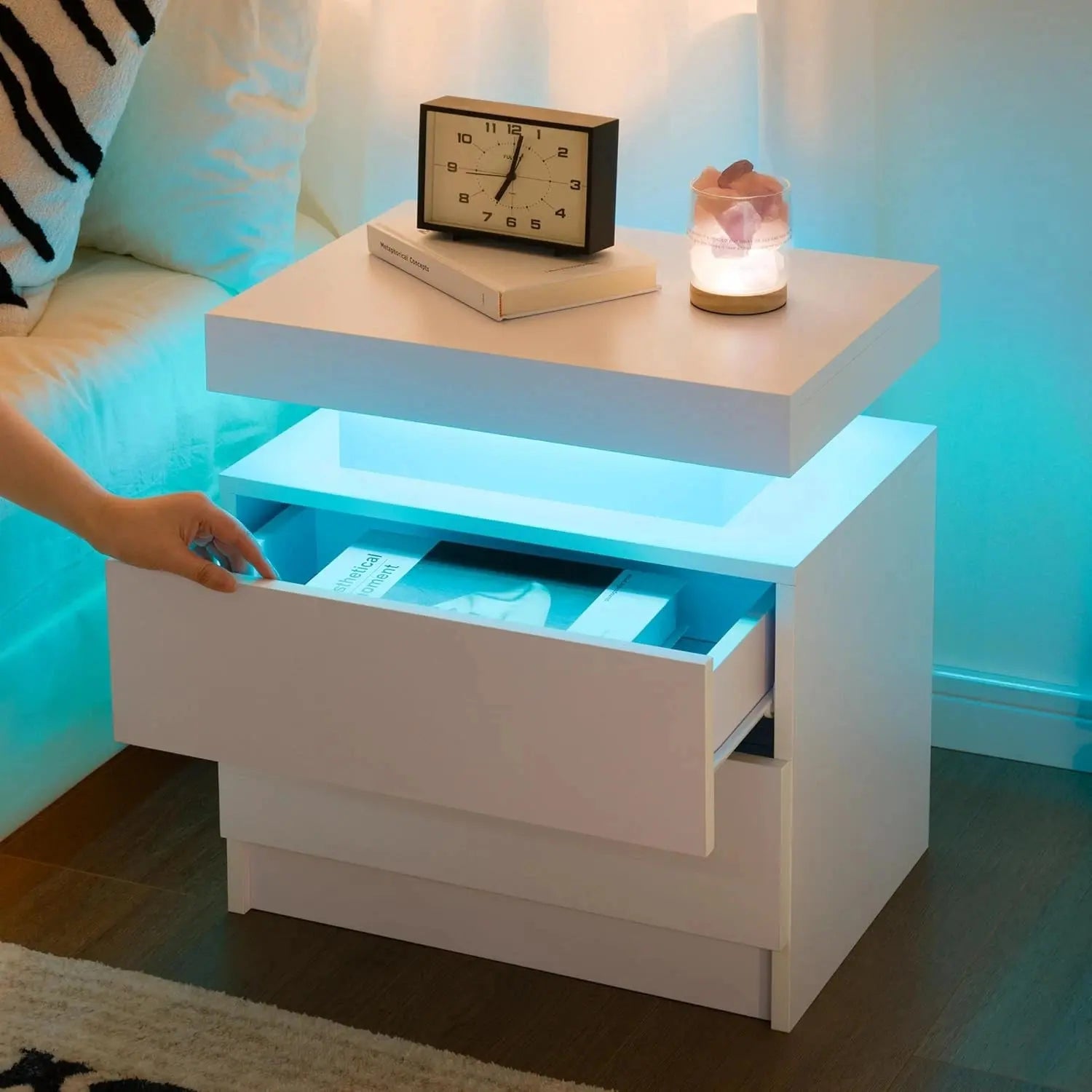 Lumora – White Nightstand 2 Drawer High Gloss RGB LED Lighting
