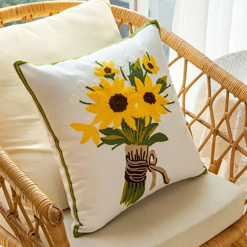Caelirae - Cotton Embroidered Decorative Cushion 45x45 cm with Sunflower Motif