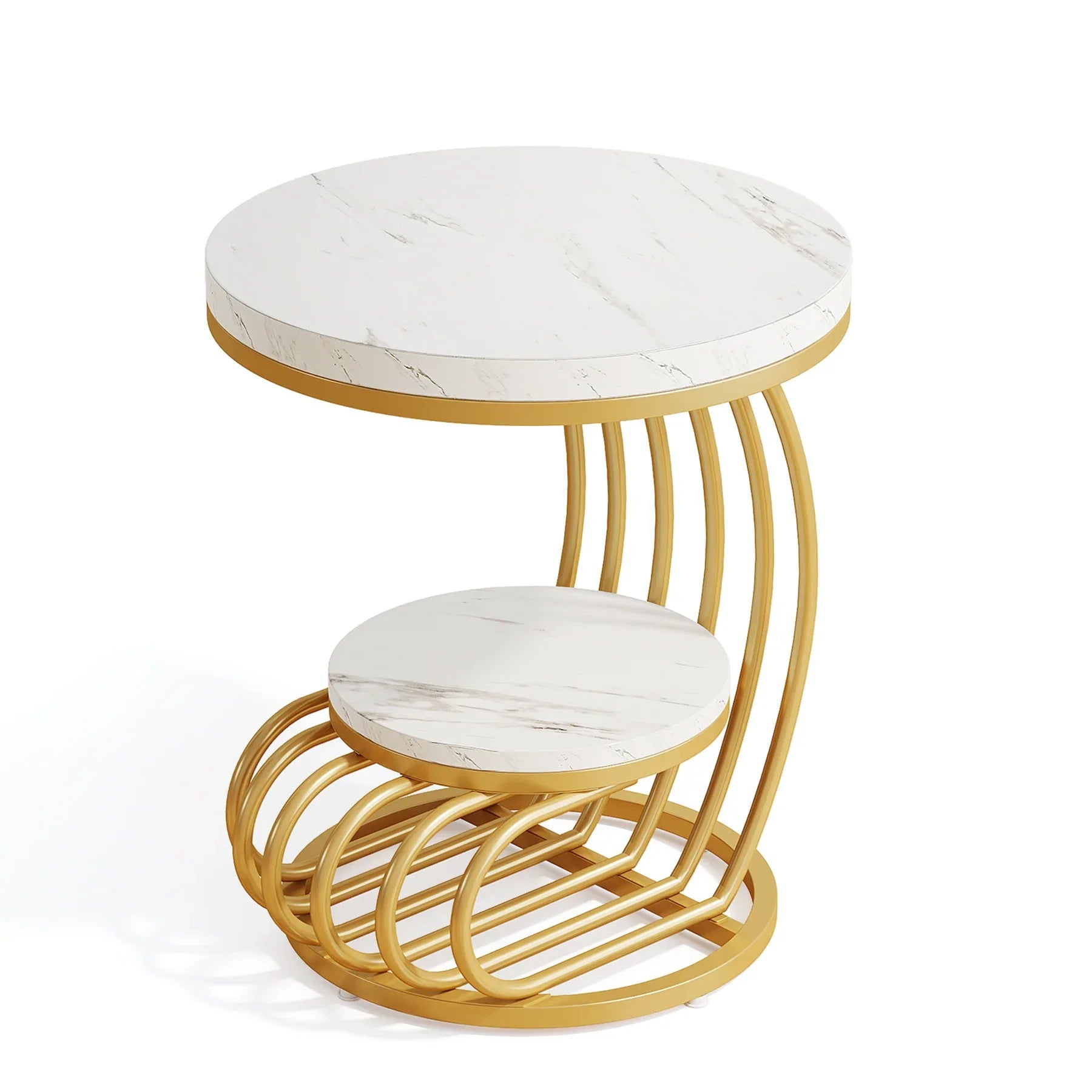 Orvianis – Round Side Table 2 Tier Marble Look with Storage Shelf