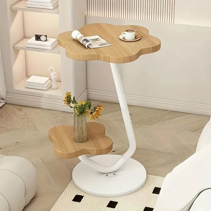 Marentha – Cream Colored Flower Shaped Side Table with Double Storage Layers and Metal Frame
