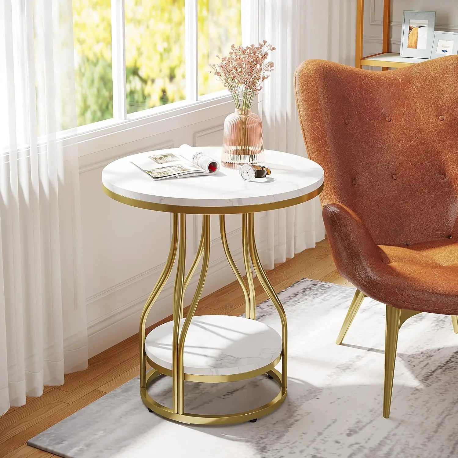 Isavelle - Round Two-Tier Side Table with Metal Frame and Convenient Storage