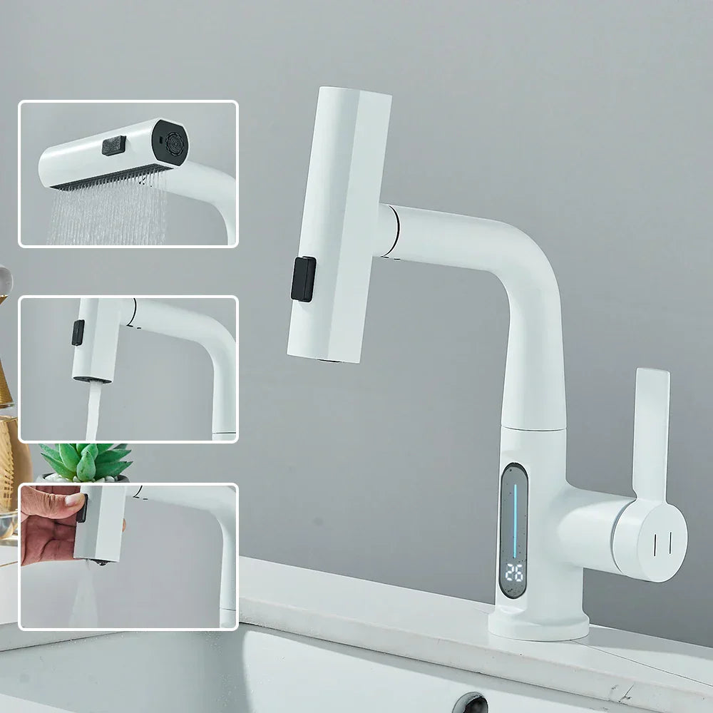 Thalenya - Waterfall Washbasin Faucet with Temperature Display and Up and Down Movable Sprayer