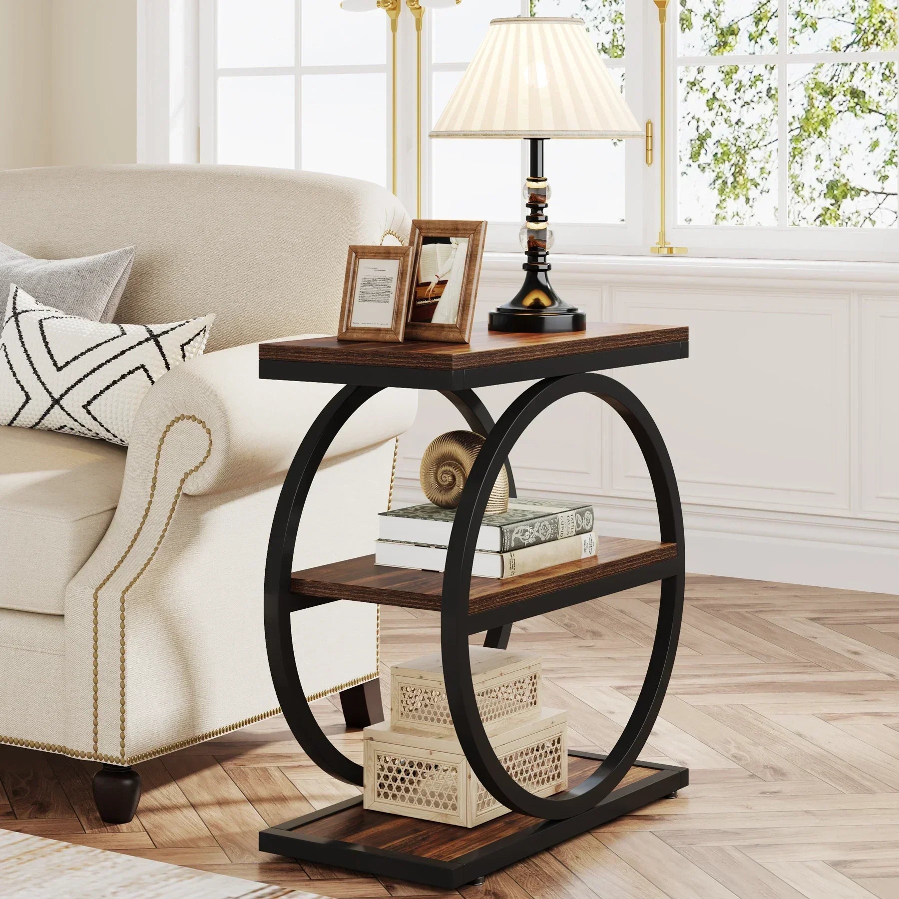 Isyvelra – Industrial Narrow Wooden Side Table with 3 Storage Shelves