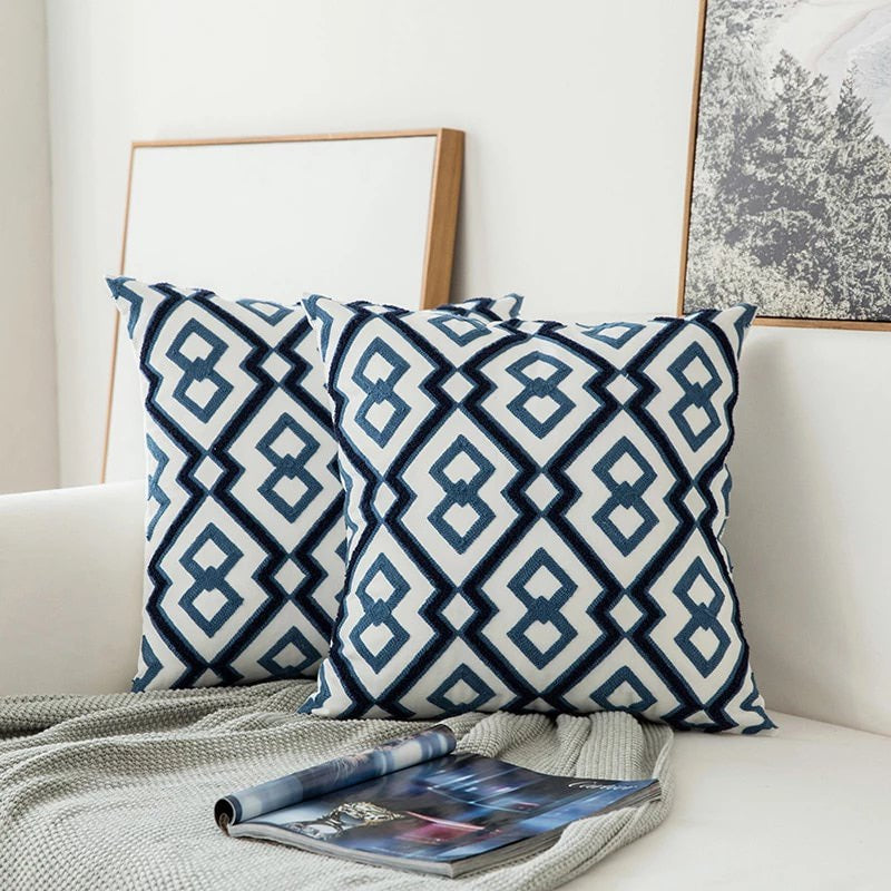 Auralithe - Blue Embroidered Decorative Cushion with Ornament Motif